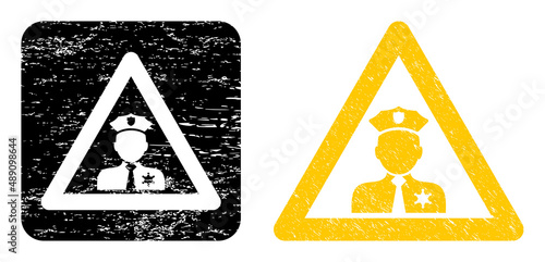 Vector policeman warning subtracted icon. Grunge policeman warning imprint, done with icon and rounded square. Rounded square seal have policeman warning empty space inside.