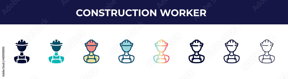construction worker icon in 8 styles. line, filled, glyph, thin outline, colorful, stroke and gradient styles, construction worker vector sign. symbol, logo illustration. different style icons set. construction worker icon in 8 styles. line, filled, glyph, thin outline, colorful, stroke and gradient styles, construction worker vector sign. symbol, logo illustration. different style icons set.