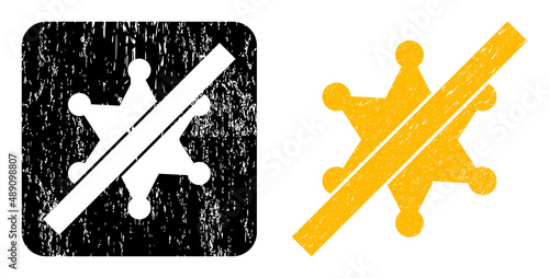 Vector no sheriff star subtracted icon. Grunge no sheriff star stamp, done from icon and rounded square. Rounded square stamp seal contain no sheriff star subtracted shape inside.