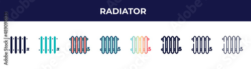radiator icon in 8 styles. line, filled, glyph, thin outline, colorful, stroke and gradient styles, radiator vector sign. symbol, logo illustration. different style icons set.