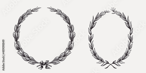 Vector circle and oval olives wreaths. Illustration of US history and 4th of July celebration in engraving style.