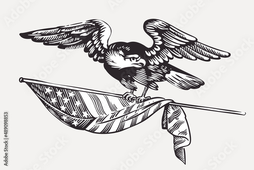 Vector eagle emblem with the flag in the paws. Illustration of US history and 4th of July celebration in engraving style.