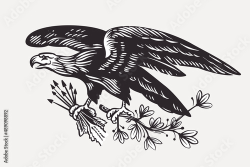 Vector eagle emblem with arrows and olives branch in the paws. Illustration of US history and 4th of July celebration in engraving style.
