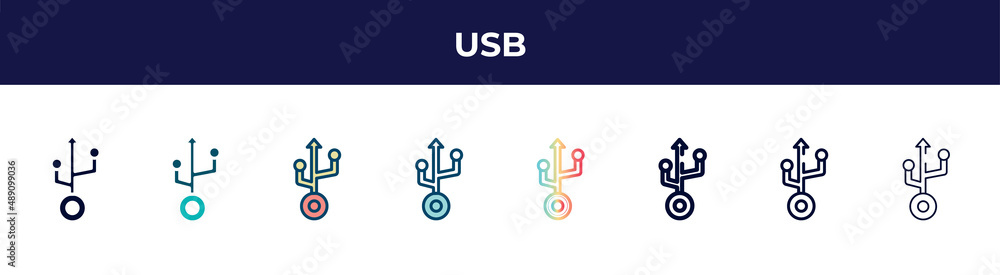 usb icon in 8 styles. line, filled, glyph, thin outline, colorful, stroke and gradient styles, usb vector sign. symbol, logo illustration. different style icons set. usb icon in 8 styles. line, filled, glyph, thin outline, colorful, stroke and gradient styles, usb vector sign. symbol, logo illustration. different style icons set.