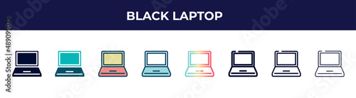 black laptop icon in 8 styles. line, filled, glyph, thin outline, colorful, stroke and gradient styles, black laptop vector sign. symbol, logo illustration. different style icons set. © VectorStockDesign