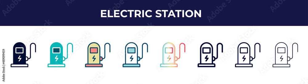 electric station icon in 8 styles. line, filled, glyph, thin outline, colorful, stroke and gradient styles, electric station vector sign. symbol, logo illustration. different style icons set. electric station icon in 8 styles. line, filled, glyph, thin outline, colorful, stroke and gradient styles, electric station vector sign. symbol, logo illustration. different style icons set.