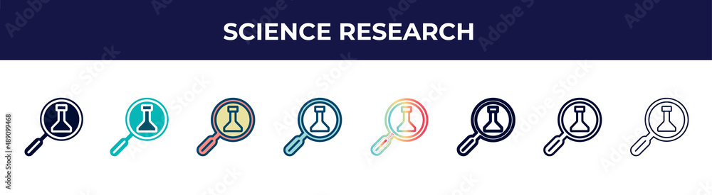 science research icon in 8 styles. line, filled, glyph, thin outline, colorful, stroke and gradient styles, science research vector sign. symbol, logo illustration. different style icons set. science research icon in 8 styles. line, filled, glyph, thin outline, colorful, stroke and gradient styles, science research vector sign. symbol, logo illustration. different style icons set.