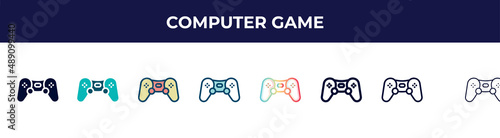 computer game icon in 8 styles. line, filled, glyph, thin outline, colorful, stroke and gradient styles, computer game vector sign. symbol, logo illustration. different style icons set.
