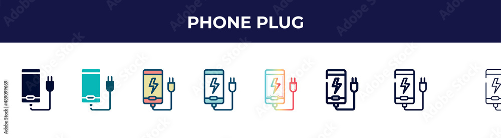 phone plug icon in 8 styles. line, filled, glyph, thin outline, colorful, stroke and gradient styles, phone plug vector sign. symbol, logo illustration. different style icons set.
