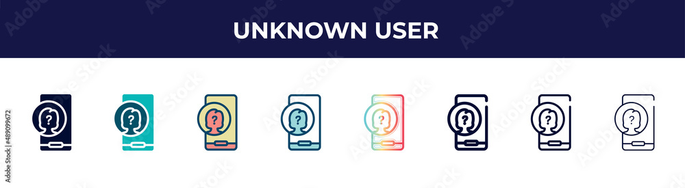 unknown user icon in 8 styles. line, filled, glyph, thin outline, colorful, stroke and gradient styles, unknown user vector sign. symbol, logo illustration. different style icons set. unknown user icon in 8 styles. line, filled, glyph, thin outline, colorful, stroke and gradient styles, unknown user vector sign. symbol, logo illustration. different style icons set.