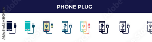 phone plug icon in 8 styles. line, filled, glyph, thin outline, colorful, stroke and gradient styles, phone plug vector sign. symbol, logo illustration. different style icons set.