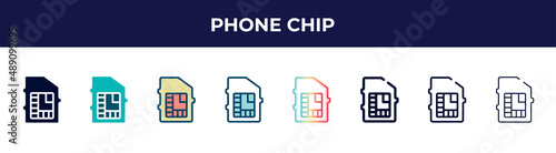 phone chip icon in 8 styles. line, filled, glyph, thin outline, colorful, stroke and gradient styles, phone chip vector sign. symbol, logo illustration. different style icons set.