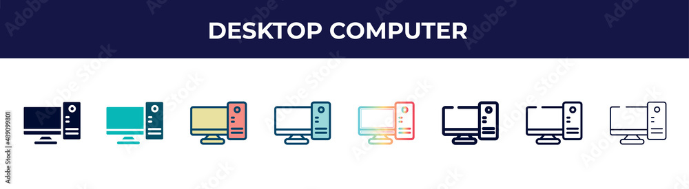 desktop computer icon in 8 styles. line, filled, glyph, thin outline, colorful, stroke and gradient styles, desktop computer vector sign. symbol, logo illustration. different style icons set. desktop computer icon in 8 styles. line, filled, glyph, thin outline, colorful, stroke and gradient styles, desktop computer vector sign. symbol, logo illustration. different style icons set.