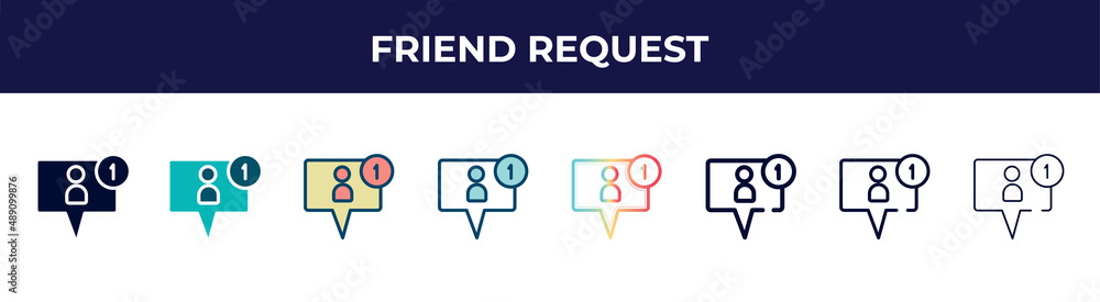 friend request icon in 8 styles. line, filled, glyph, thin outline, colorful, stroke and gradient styles, friend request vector sign. symbol, logo illustration. different style icons set. friend request icon in 8 styles. line, filled, glyph, thin outline, colorful, stroke and gradient styles, friend request vector sign. symbol, logo illustration. different style icons set.