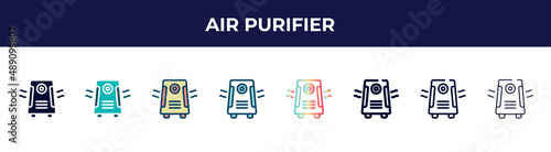 air purifier icon in 8 styles. line, filled, glyph, thin outline, colorful, stroke and gradient styles, air purifier vector sign. symbol, logo illustration. different style icons set.