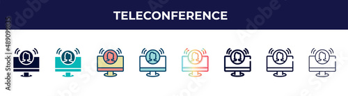 teleconference icon in 8 styles. line, filled, glyph, thin outline, colorful, stroke and gradient styles, teleconference vector sign. symbol, logo illustration. different style icons set.