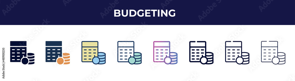 budgeting icon in 8 styles. line, filled, glyph, thin outline, colorful, stroke and gradient styles, budgeting vector sign. symbol, logo illustration. different style icons set. budgeting icon in 8 styles. line, filled, glyph, thin outline, colorful, stroke and gradient styles, budgeting vector sign. symbol, logo illustration. different style icons set.