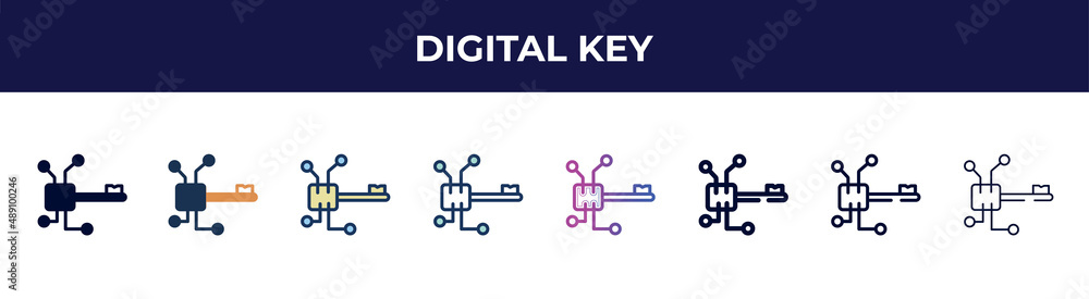 digital key icon in 8 styles. line, filled, glyph, thin outline, colorful, stroke and gradient styles, digital key vector sign. symbol, logo illustration. different style icons set. digital key icon in 8 styles. line, filled, glyph, thin outline, colorful, stroke and gradient styles, digital key vector sign. symbol, logo illustration. different style icons set.