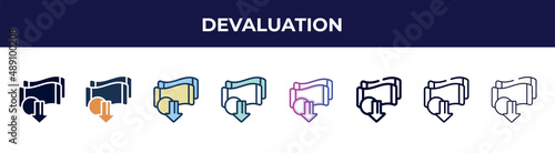 devaluation icon in 8 styles. line, filled, glyph, thin outline, colorful, stroke and gradient styles, devaluation vector sign. symbol, logo illustration. different style icons set.
