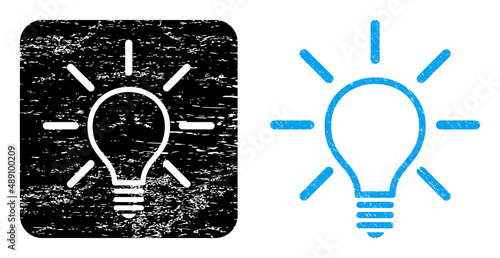 Vector light bulb stencil icon. Grunge light bulb seal stamp, done with icon and rounded square. Rounded square seal include light bulb cut out shape inside. Vector light bulb grunge images.