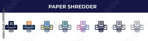 paper shredder icon in 8 styles. line, filled, glyph, thin outline, colorful, stroke and gradient styles, paper shredder vector sign. symbol, logo illustration. different style icons set.