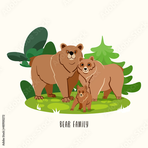Cute bear family vector illustration with forest tree. Isolated on white background. Animal cartoon character