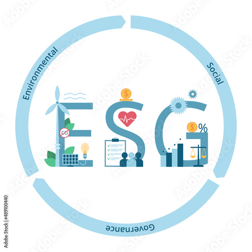 ESG Concept of Environmental, Social and Governance. Capitalize letters with objects that reveal their meaning. Vector illustration isolated on white background in a flat style.