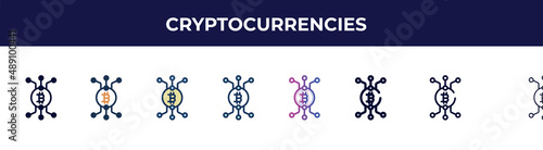 cryptocurrencies icon in 8 styles. line, filled, glyph, thin outline, colorful, stroke and gradient styles, cryptocurrencies vector sign. symbol, logo illustration. different style icons set.