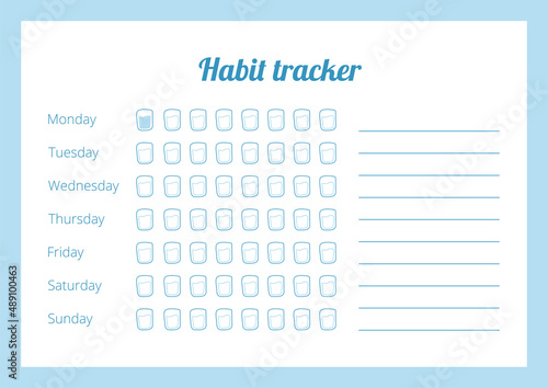 Habit tracker concept. Water balance tracker vector calendar. Horizontal printable template. A page for effective planning. Paper sheet. Vector illustration.