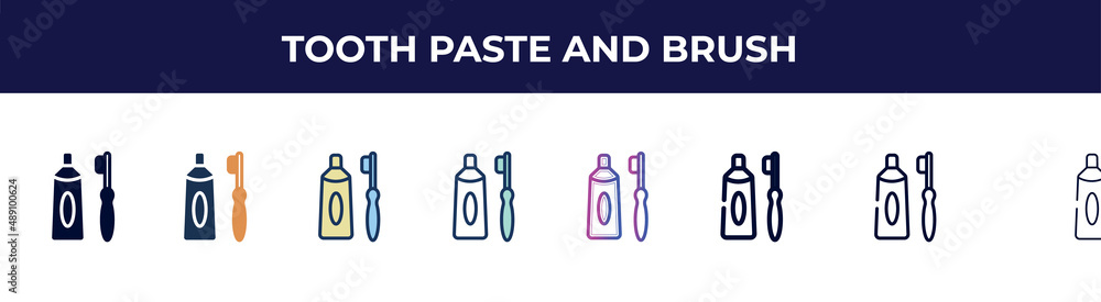 tooth paste and brush icon in 8 styles. line, filled, glyph, thin outline, colorful, stroke and gradient styles, tooth paste and brush vector sign. symbol, logo illustration. different style icons tooth paste and brush icon in 8 styles. line, filled, glyph, thin outline, colorful, stroke and gradient styles, tooth paste and brush vector sign. symbol, logo illustration. different style icons