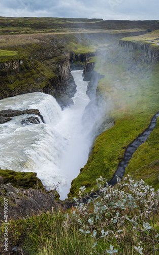Picturesque full of water big waterfall Gullfoss autumn view  southwest Iceland.