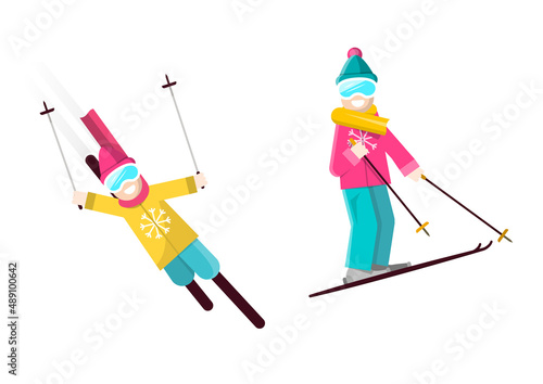 Smiling skiers with snowflakes on clothes - vector illustration isolated on white background