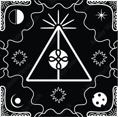 Gothic alchemy occult banner. Geomitric outline black and white illustration. Vector witchcraft ritualism tattoo