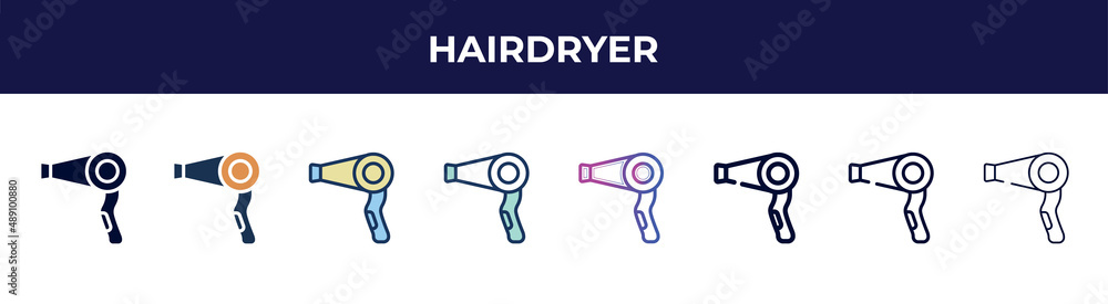 hairdryer icon in 8 styles. line, filled, glyph, thin outline, colorful, stroke and gradient styles, hairdryer vector sign. symbol, logo illustration. different style icons set. hairdryer icon in 8 styles. line, filled, glyph, thin outline, colorful, stroke and gradient styles, hairdryer vector sign. symbol, logo illustration. different style icons set.