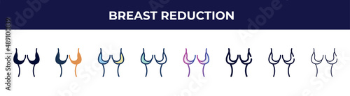 breast reduction icon in 8 styles. line, filled, glyph, thin outline, colorful, stroke and gradient styles, breast reduction vector sign. symbol, logo illustration. different style icons set.