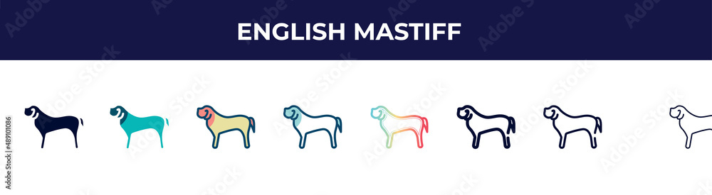 english mastiff icon in 8 styles. line, filled, glyph, thin outline, colorful, stroke and gradient styles, english mastiff vector sign. symbol, logo illustration. different style icons set.