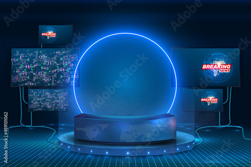 A futuristic realistic studio for recording television programs effect of crushing screens. Dark cyberspace with burning monitors, wires and working equipment. Table, podium, presentation monitor.