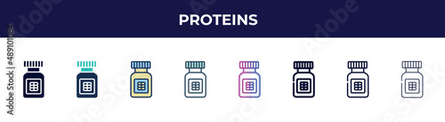 proteins icon in 8 styles. line, filled, glyph, thin outline, colorful, stroke and gradient styles, proteins vector sign. symbol, logo illustration. different style icons set.