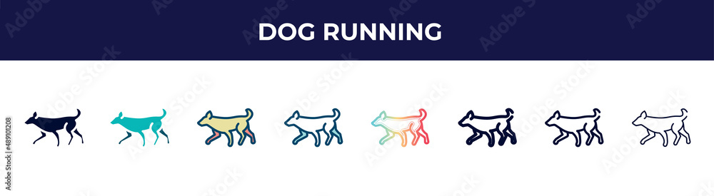 dog running icon in 8 styles. line, filled, glyph, thin outline, colorful, stroke and gradient styles, dog running vector sign. symbol, logo illustration. different style icons set.