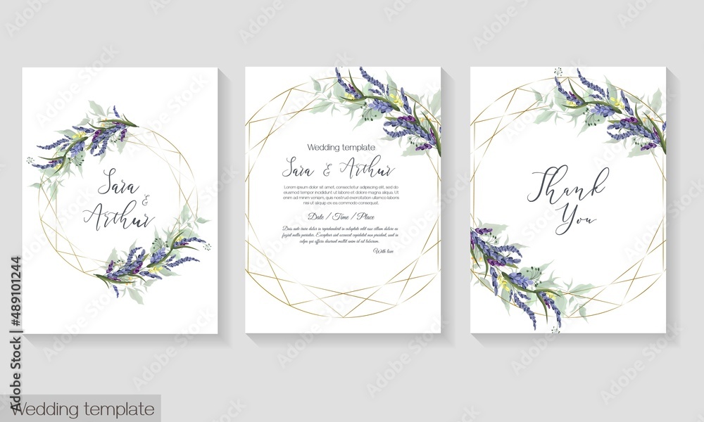 Vector floral template for wedding invitation. Blue lavender, green leaves and round polygonal frame.
