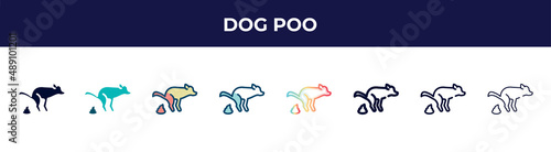 dog poo icon in 8 styles. line, filled, glyph, thin outline, colorful, stroke and gradient styles, dog poo vector sign. symbol, logo illustration. different style icons set.