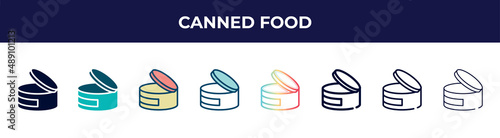 canned food icon in 8 styles. line, filled, glyph, thin outline, colorful, stroke and gradient styles, canned food vector sign. symbol, logo illustration. different style icons set.