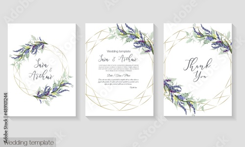 Vector floral template for wedding invitation. Blue lavender  green leaves and round polygonal frame.