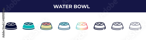 water bowl icon in 8 styles. line, filled, glyph, thin outline, colorful, stroke and gradient styles, water bowl vector sign. symbol, logo illustration. different style icons set.