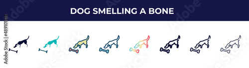 dog smelling a bone icon in 8 styles. line, filled, glyph, thin outline, colorful, stroke and gradient styles, dog smelling a bone vector sign. symbol, logo illustration. different style icons set.