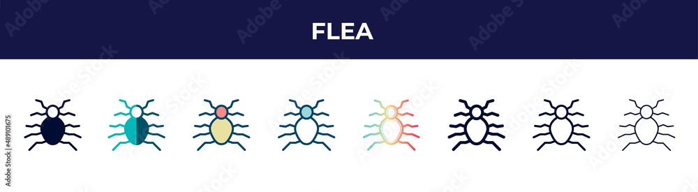 flea icon in 8 styles. line, filled, glyph, thin outline, colorful, stroke and gradient styles, flea vector sign. symbol, logo illustration. different style icons set.