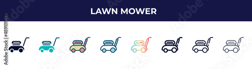 lawn mower icon in 8 styles. line, filled, glyph, thin outline, colorful, stroke and gradient styles, lawn mower vector sign. symbol, logo illustration. different style icons set.