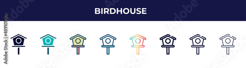 birdhouse icon in 8 styles. line, filled, glyph, thin outline, colorful, stroke and gradient styles, birdhouse vector sign. symbol, logo illustration. different style icons set.