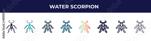 water scorpion icon in 8 styles. line, filled, glyph, thin outline, colorful, stroke and gradient styles, water scorpion vector sign. symbol, logo illustration. different style icons set.