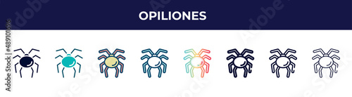 opiliones icon in 8 styles. line, filled, glyph, thin outline, colorful, stroke and gradient styles, opiliones vector sign. symbol, logo illustration. different style icons set.
